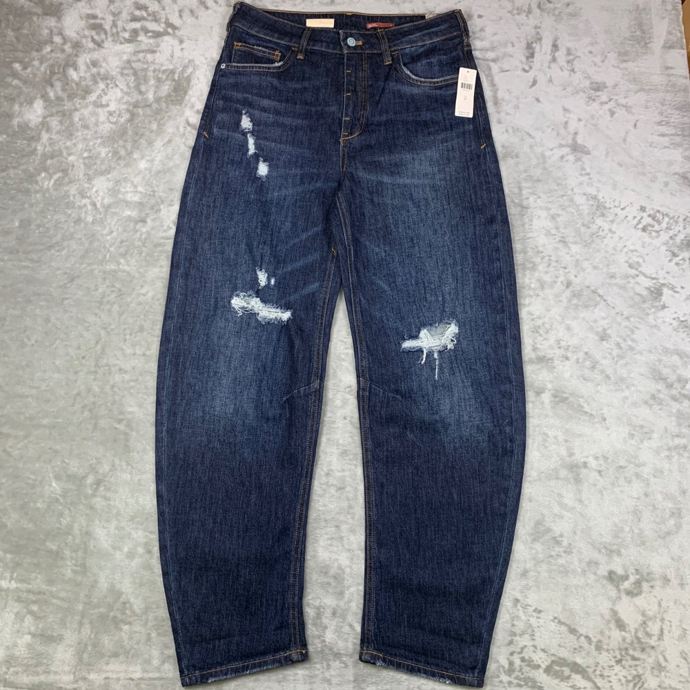 NEW Pilcro Anthropologie The Bow Boyfriend Jeans Womens 27 Dark Wash Barrel Leg